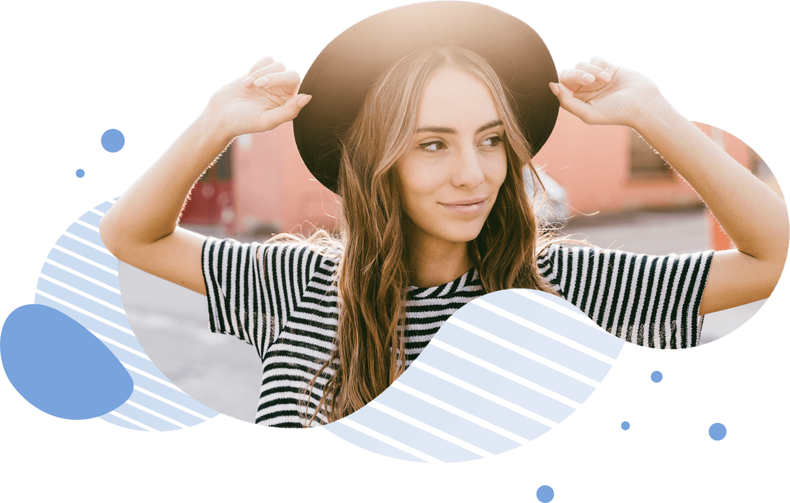 Woman holding a hat with both hands Woman wearing a hat and holding it with two hands